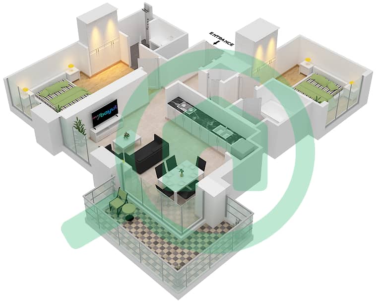 المخططات الطابقية لتصميم الوحدة 8  FLOOR 2-19,21-33 شقة 2 غرفة نوم - كريك بالاس interactive3D