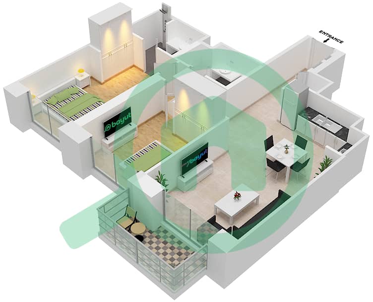 المخططات الطابقية لتصميم الوحدة 3  FLOOR 20 شقة 2 غرفة نوم - كريك بالاس interactive3D