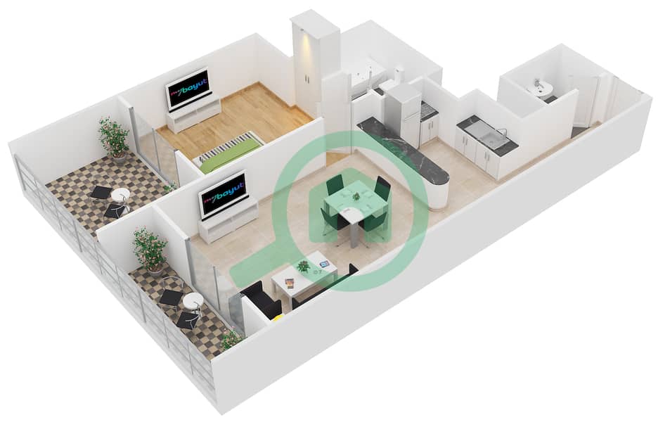 赫拉塔 - 1 卧室公寓类型B-13戶型图 interactive3D