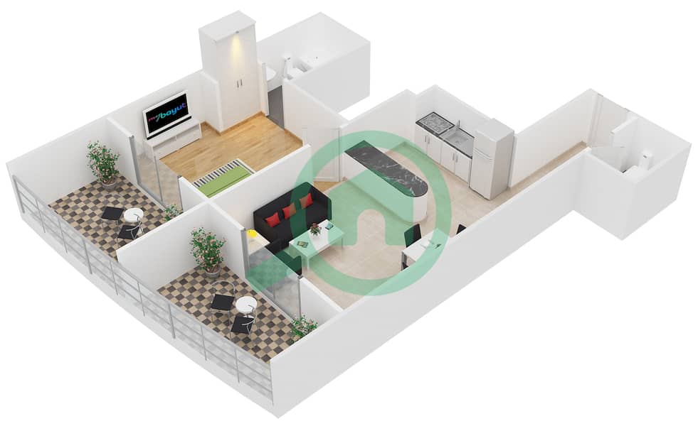 المخططات الطابقية لتصميم النموذج C-1,23 شقة 1 غرفة نوم - برج هيرا interactive3D