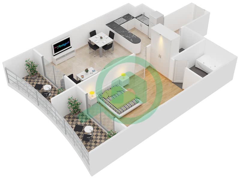 المخططات الطابقية لتصميم النموذج D-2,22 شقة 1 غرفة نوم - برج هيرا interactive3D
