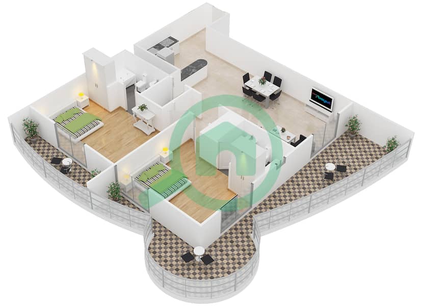 المخططات الطابقية لتصميم النموذج B5-19 شقة 2 غرفة نوم - برج هيرا interactive3D