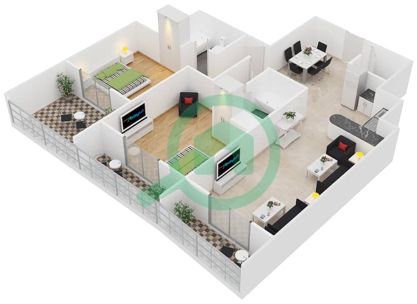 المخططات الطابقية لتصميم النموذج C-10 شقة 2 غرفة نوم - برج هيرا interactive3D