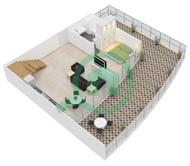 المخططات الطابقية لتصميم النموذج LOFT D شقة 2 غرفة نوم - شمال ريزيدينس Lower Floor interactive3D