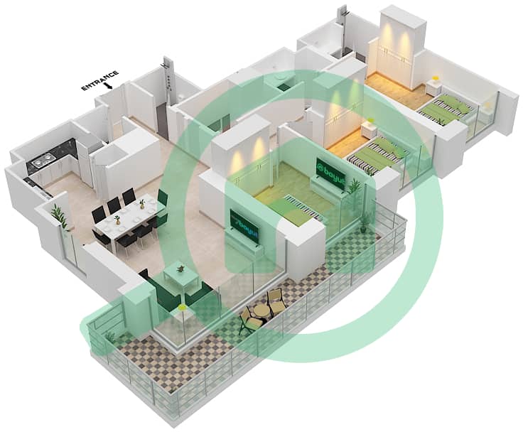 المخططات الطابقية لتصميم الوحدة 4  FLOOR 20 شقة 3 غرف نوم - كريك بالاس interactive3D