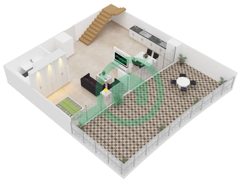 المخططات الطابقية لتصميم النموذج LOFT B شقة 2 غرفة نوم - شمال ريزيدينس Lower Floor interactive3D