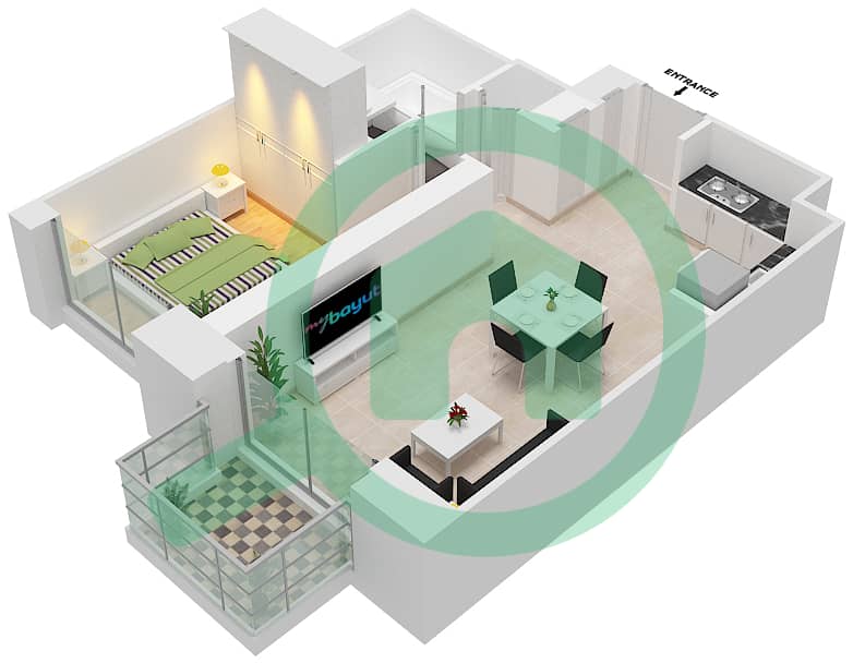 المخططات الطابقية لتصميم الوحدة 6  FLOOR 20 شقة 1 غرفة نوم - كريك بالاس interactive3D