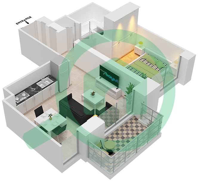 المخططات الطابقية لتصميم الوحدة 7  FLOOR 20 شقة 1 غرفة نوم - كريك بالاس interactive3D