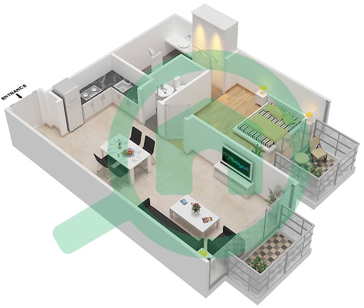 المخططات الطابقية لتصميم النموذج F1 شقة 1 غرفة نوم - سيجنتشر ليفينج interactive3D
