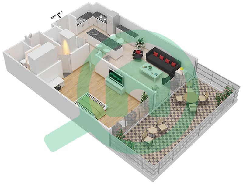 المخططات الطابقية لتصميم النموذج B2 شقة 1 غرفة نوم - سيجنتشر ليفينج interactive3D