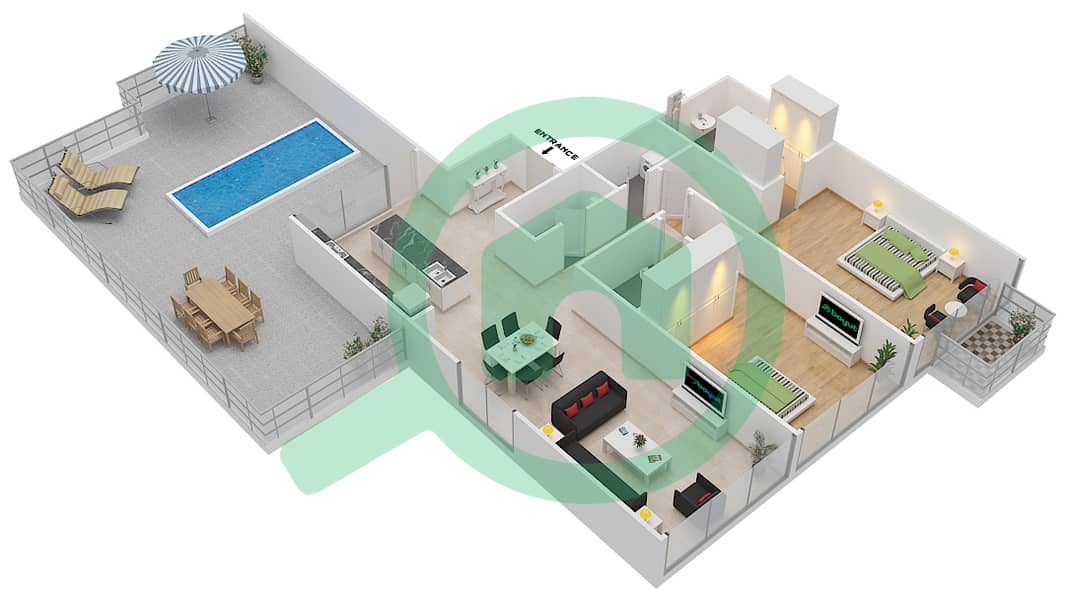 المخططات الطابقية لتصميم النموذج B بنتهاوس 2 غرفة نوم - سيجنتشر ليفينج interactive3D