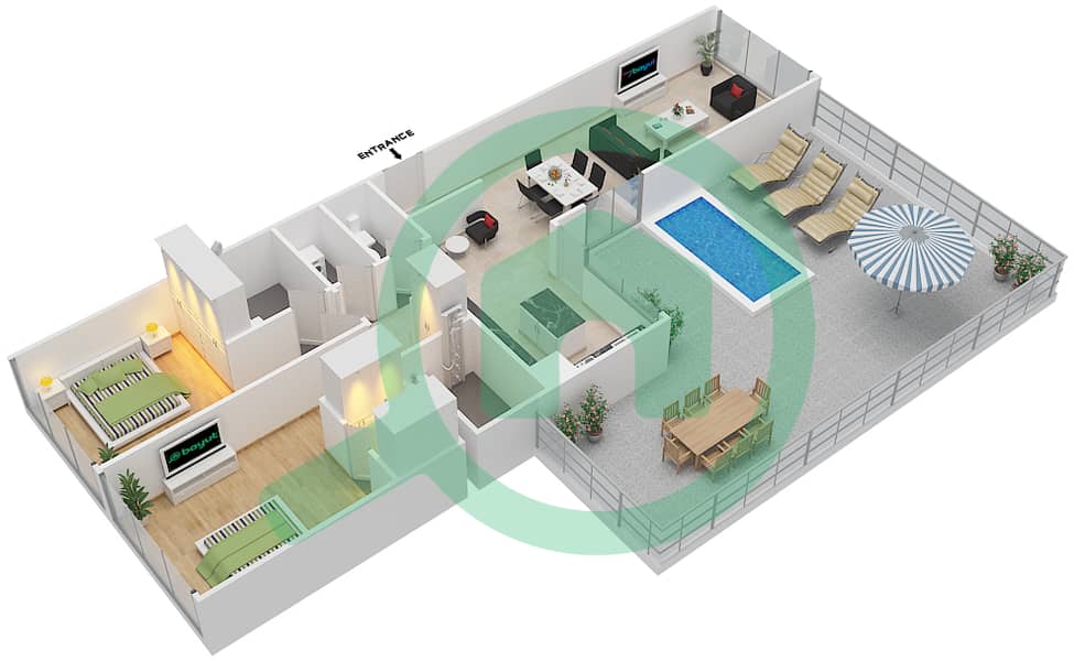 المخططات الطابقية لتصميم النموذج C بنتهاوس 2 غرفة نوم - سيجنتشر ليفينج interactive3D