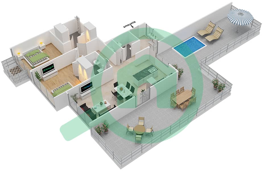 المخططات الطابقية لتصميم النموذج E بنتهاوس 2 غرفة نوم - سيجنتشر ليفينج interactive3D