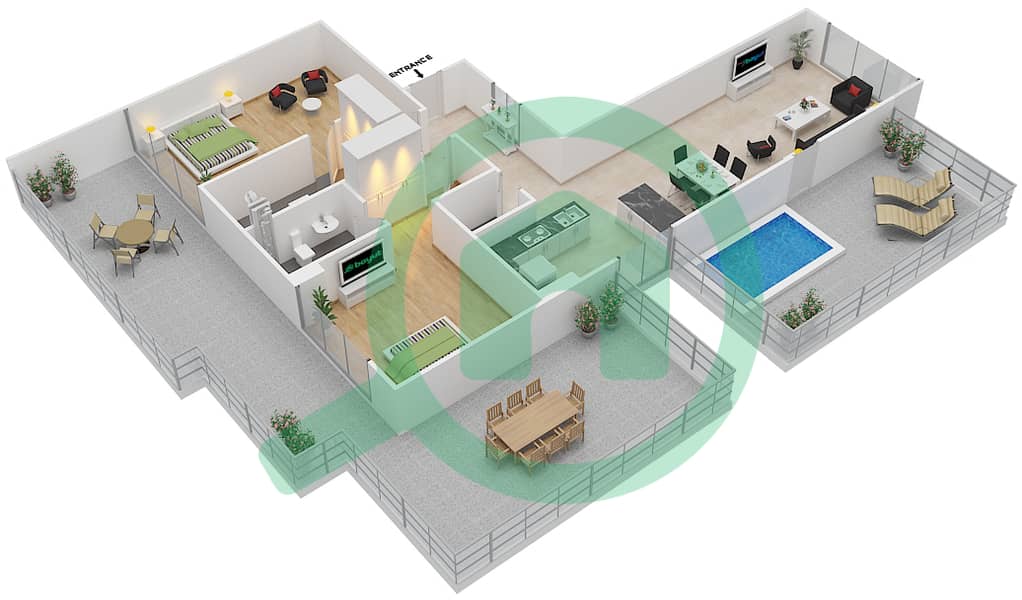 المخططات الطابقية لتصميم النموذج F بنتهاوس 2 غرفة نوم - سيجنتشر ليفينج interactive3D