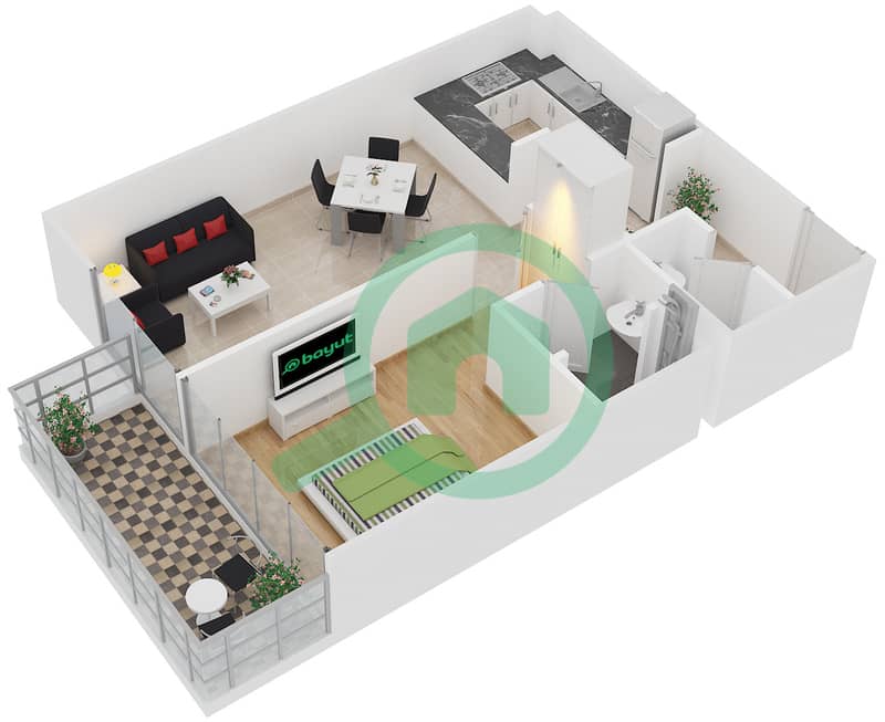 المخططات الطابقية لتصميم النموذج B TOWER A شقة 1 غرفة نوم - بلوم هايتس interactive3D