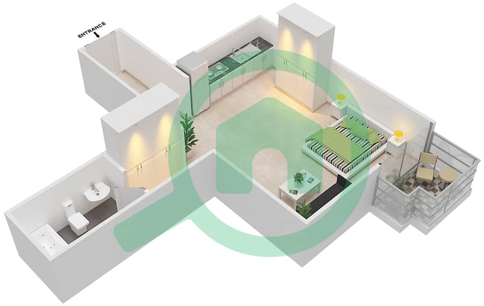 المخططات الطابقية لتصميم النموذج ST12 شقة استوديو - بلازو هايتس interactive3D