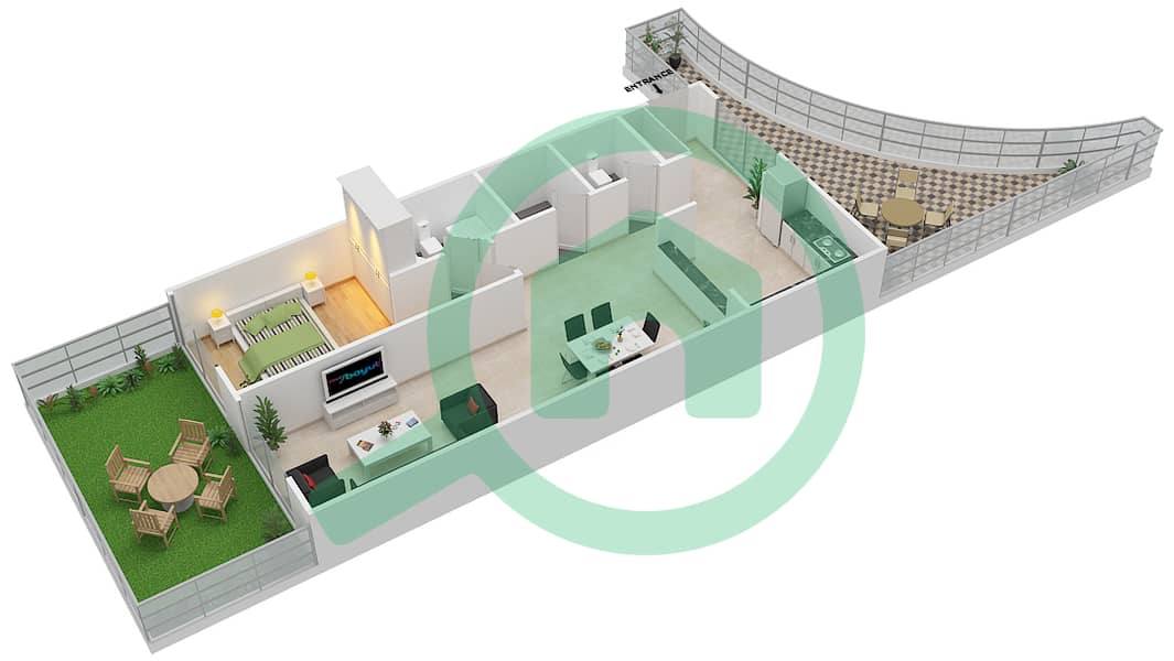 Плаззо Хайтс - Апартамент 1 Спальня планировка Тип OT02 interactive3D