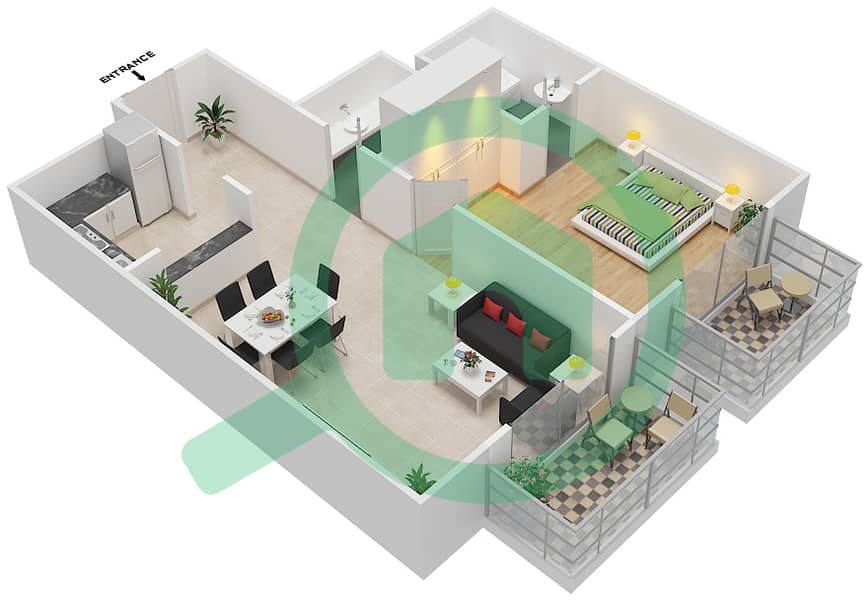 المخططات الطابقية لتصميم النموذج OT03 شقة 1 غرفة نوم - بلازو هايتس interactive3D