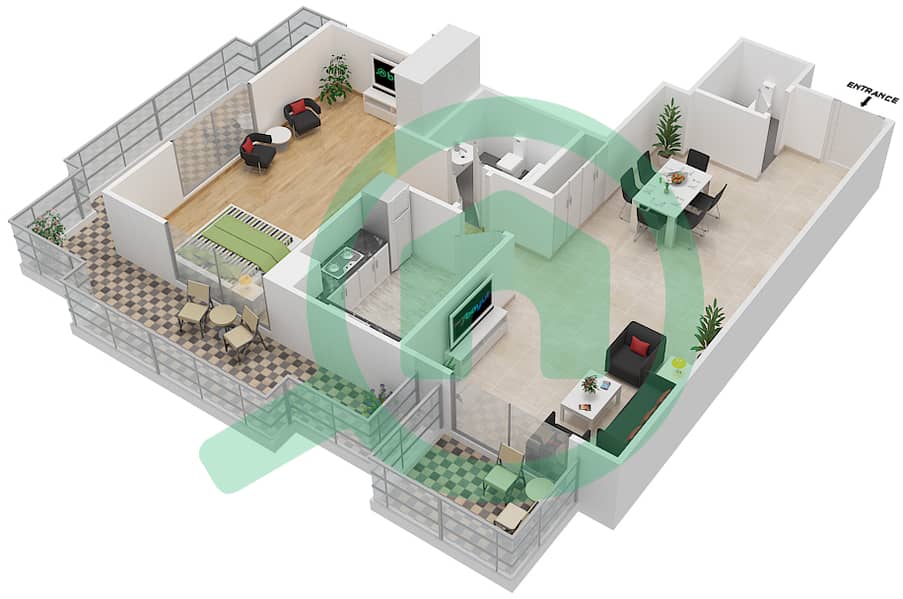 المخططات الطابقية لتصميم النموذج OT04 شقة 1 غرفة نوم - بلازو هايتس interactive3D
