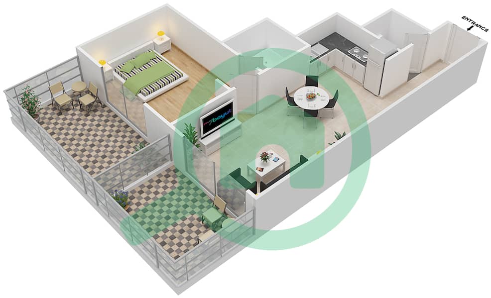 المخططات الطابقية لتصميم النموذج OT05 شقة 1 غرفة نوم - بلازو هايتس interactive3D