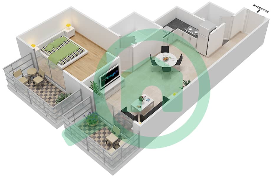 Плаззо Хайтс - Апартамент 1 Спальня планировка Тип OT07 interactive3D