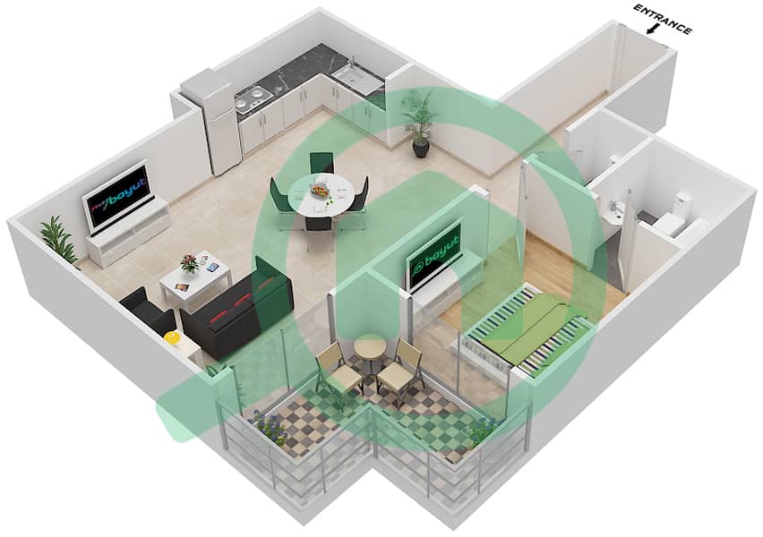 المخططات الطابقية لتصميم النموذج OT08 شقة 1 غرفة نوم - بلازو هايتس interactive3D