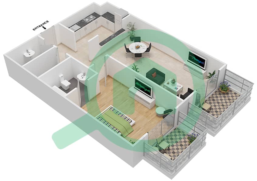 Плаззо Хайтс - Апартамент 1 Спальня планировка Тип OT09 interactive3D
