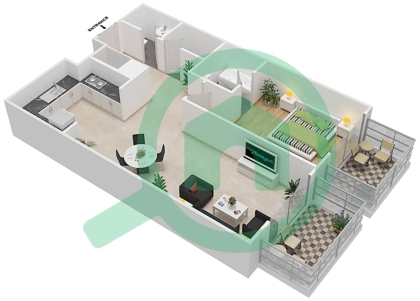 المخططات الطابقية لتصميم النموذج OT11 شقة 1 غرفة نوم - بلازو هايتس interactive3D