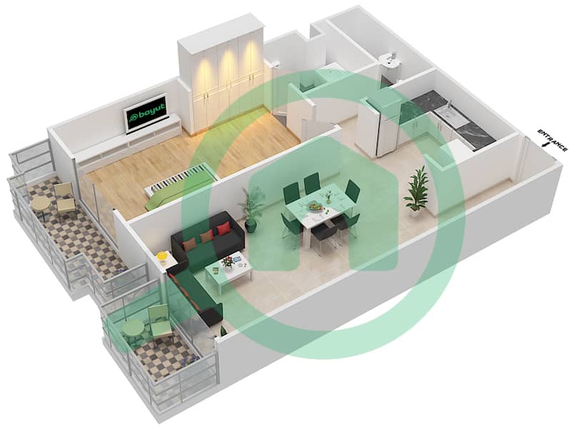 المخططات الطابقية لتصميم النموذج OT12 شقة 1 غرفة نوم - بلازو هايتس interactive3D