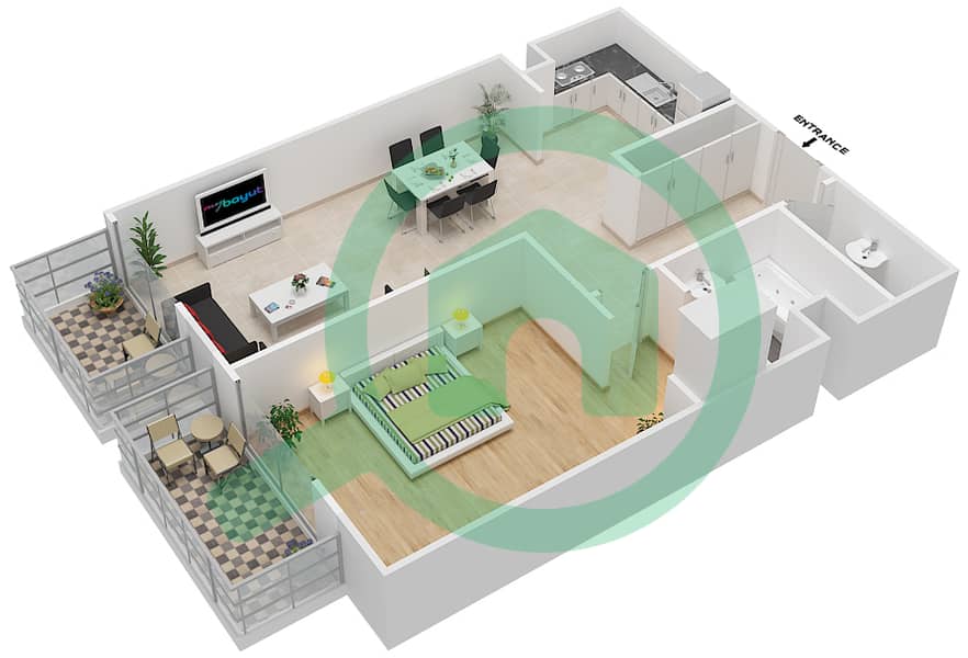 المخططات الطابقية لتصميم النموذج OT13 شقة 1 غرفة نوم - بلازو هايتس interactive3D