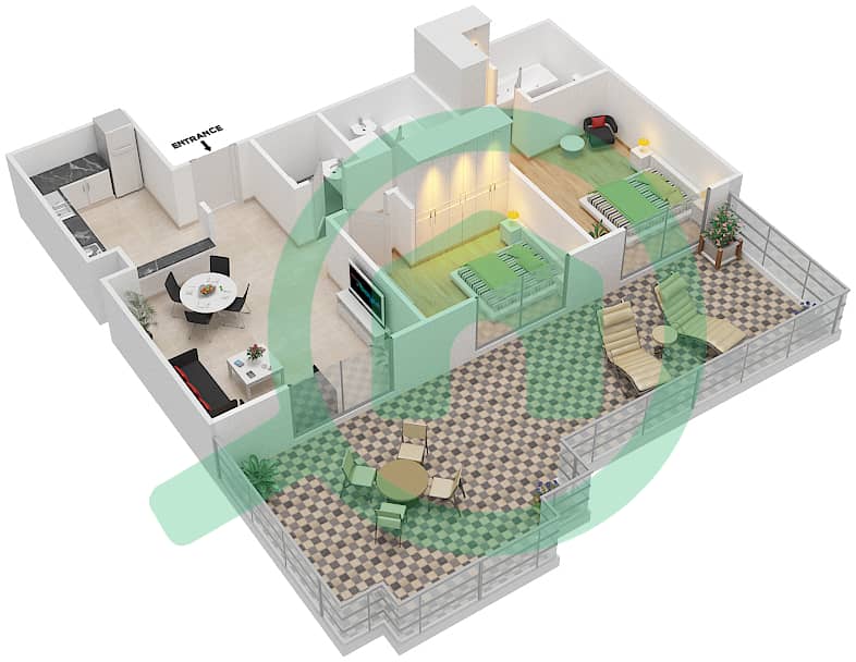 Плаззо Хайтс - Апартамент 2 Cпальни планировка Тип TT01 interactive3D