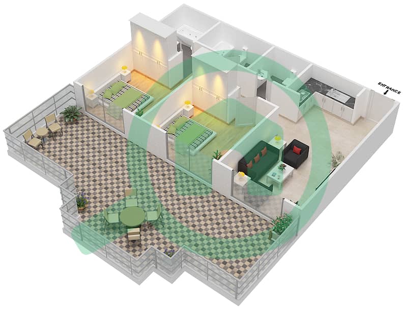 المخططات الطابقية لتصميم النموذج TT02 شقة 2 غرفة نوم - بلازو هايتس interactive3D