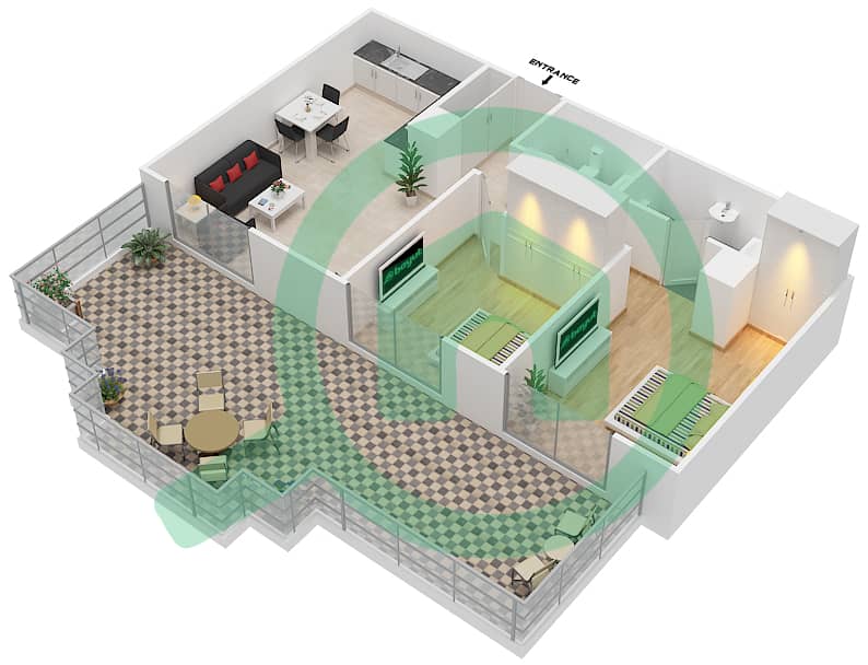 المخططات الطابقية لتصميم النموذج TT03 شقة 2 غرفة نوم - بلازو هايتس interactive3D