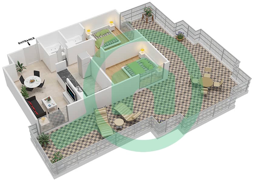 المخططات الطابقية لتصميم النموذج TT04 شقة 2 غرفة نوم - بلازو هايتس interactive3D