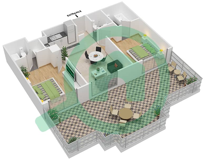 المخططات الطابقية لتصميم النموذج TT06 شقة 2 غرفة نوم - بلازو هايتس interactive3D