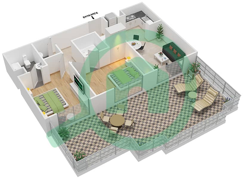 المخططات الطابقية لتصميم النموذج TT07 شقة 2 غرفة نوم - بلازو هايتس interactive3D