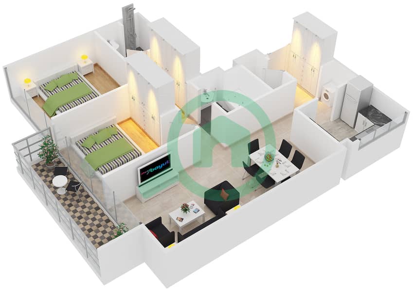 Блум Хайтс - Апартамент 2 Cпальни планировка Тип A TOWER A interactive3D