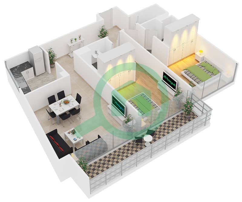 المخططات الطابقية لتصميم النموذج B TOWER A شقة 2 غرفة نوم - بلوم هايتس interactive3D