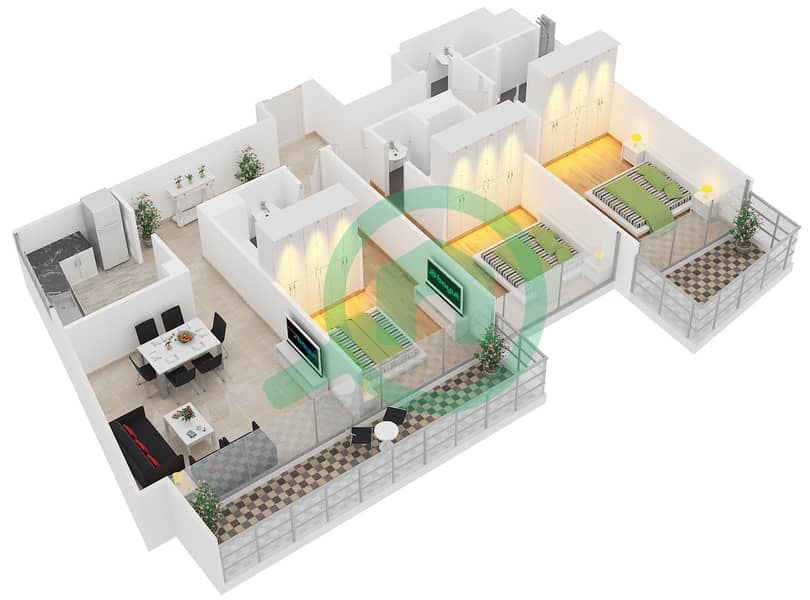 Блум Хайтс - Апартамент 3 Cпальни планировка Тип A TOWER A interactive3D