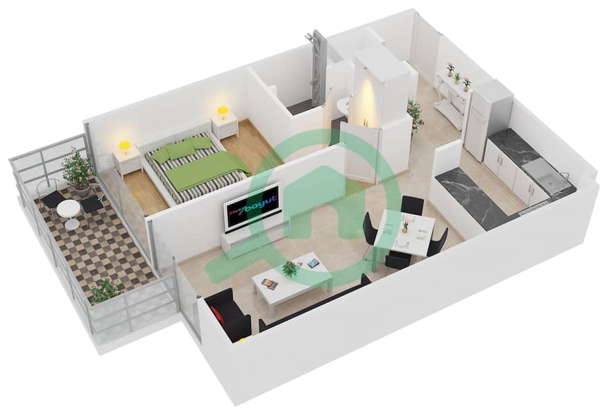 المخططات الطابقية لتصميم النموذج A TOWER B شقة 1 غرفة نوم - بلوم هايتس interactive3D