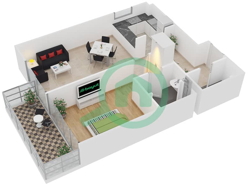المخططات الطابقية لتصميم النموذج B TOWER B شقة 1 غرفة نوم - بلوم هايتس interactive3D