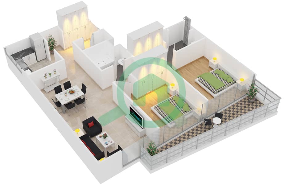 Блум Хайтс - Апартамент 2 Cпальни планировка Тип A TOWER B interactive3D