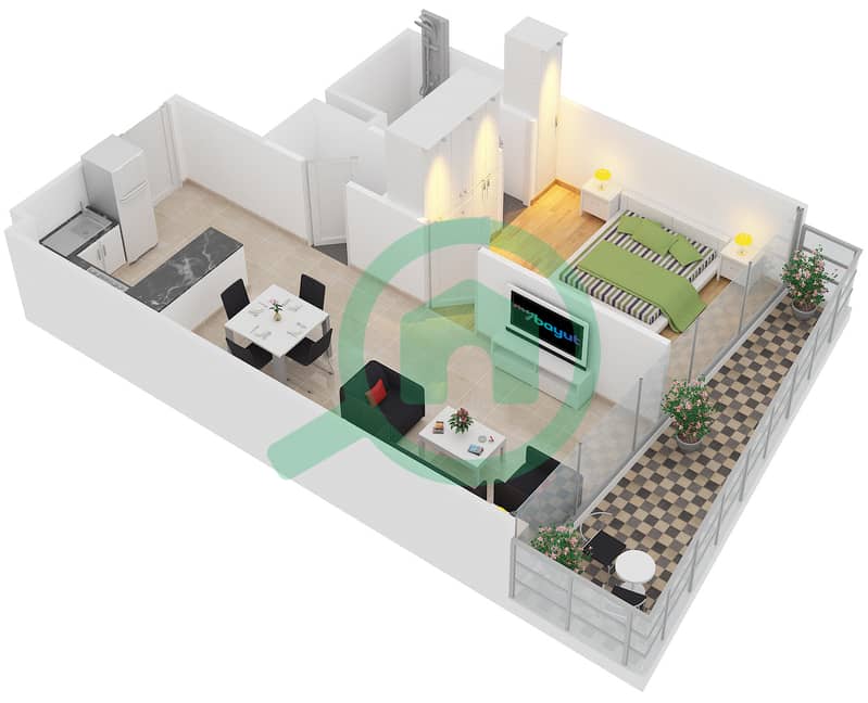 Блум Хайтс - Апартамент 1 Спальня планировка Тип C  TOWER A interactive3D