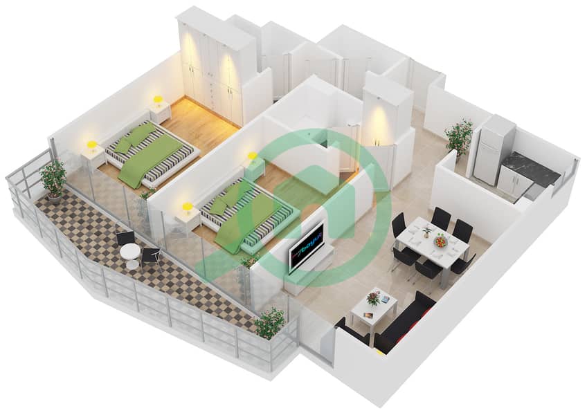 Блум Хайтс - Апартамент 2 Cпальни планировка Тип B TOWER B interactive3D