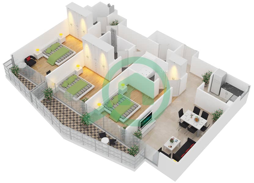 Блум Хайтс - Апартамент 3 Cпальни планировка Тип A TOWER B interactive3D