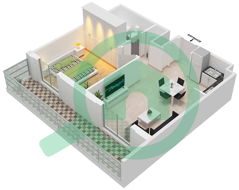 Cyan Beach Residence by Eagle Hills - 1 Bedroom Apartment Type/unit 1A-1/6 Floor plan Floor 14 interactive3D