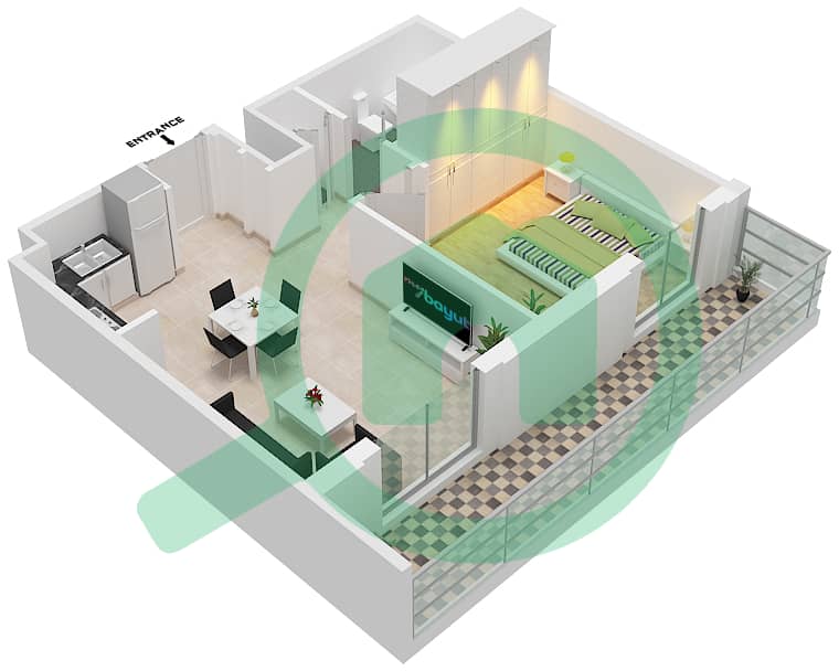 المخططات الطابقية لتصميم النموذج / الوحدة 1A-1M/16 شقة 1 غرفة نوم - سيان بيتش رزيدنس من ايجل هيلز Floor 1 interactive3D