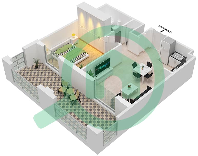 雄鹰山庄赛恩海滩公寓 - 1 卧室公寓类型／单位1A-2/11戶型图 Floor 1-4 interactive3D