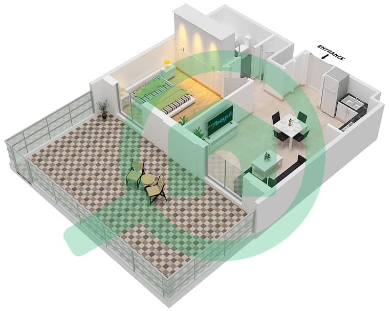 المخططات الطابقية لتصميم النموذج / الوحدة 1A-3M/20 شقة 1 غرفة نوم - سيان بيتش رزيدنس من ايجل هيلز Floor 1 interactive3D