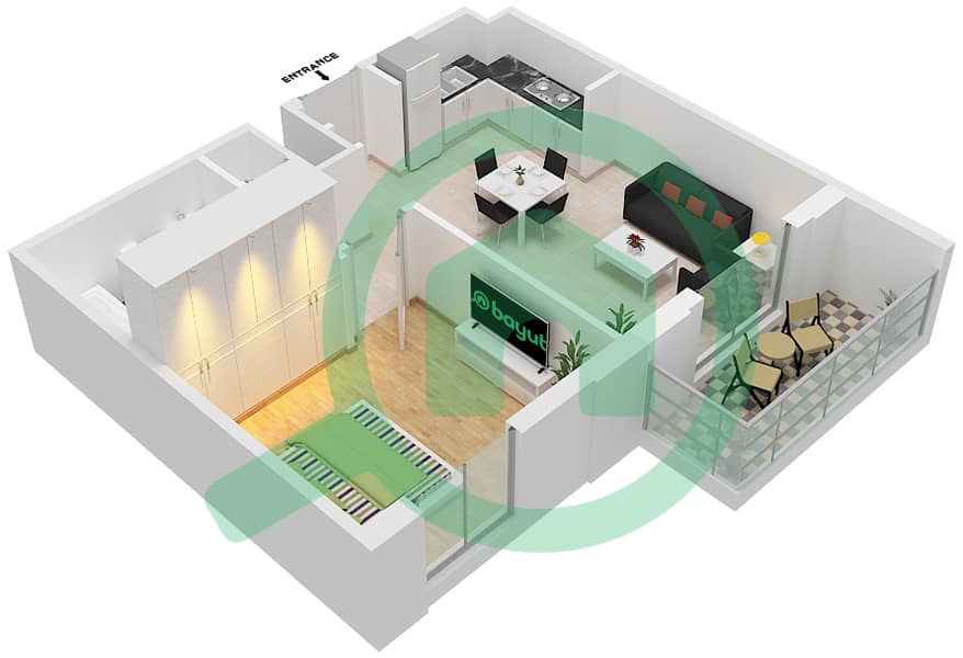 Cyan Beach Residence by Eagle Hills - 1 Bedroom Apartment Type/unit 1A-4/6 Floor plan Floor 2-4 interactive3D